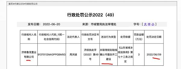 济南鲁茂置业因未取得规划验线确认书擅自开工建设被罚