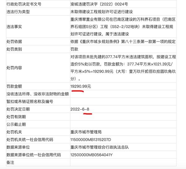 万科界石项目因违法违规建设 开发商重庆博翠置业被罚