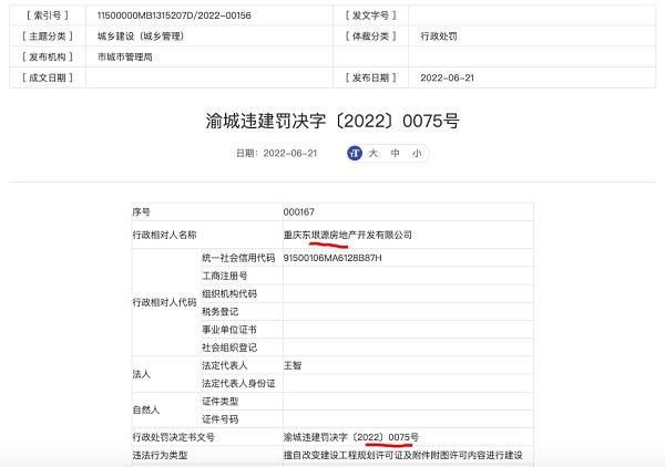 重庆东垠源房地产因违法违规建设被罚