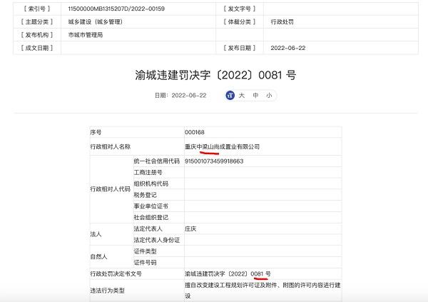 重庆尚成·半山郡项目因违法违规建设  开发商重庆中梁山尚成置业被罚
