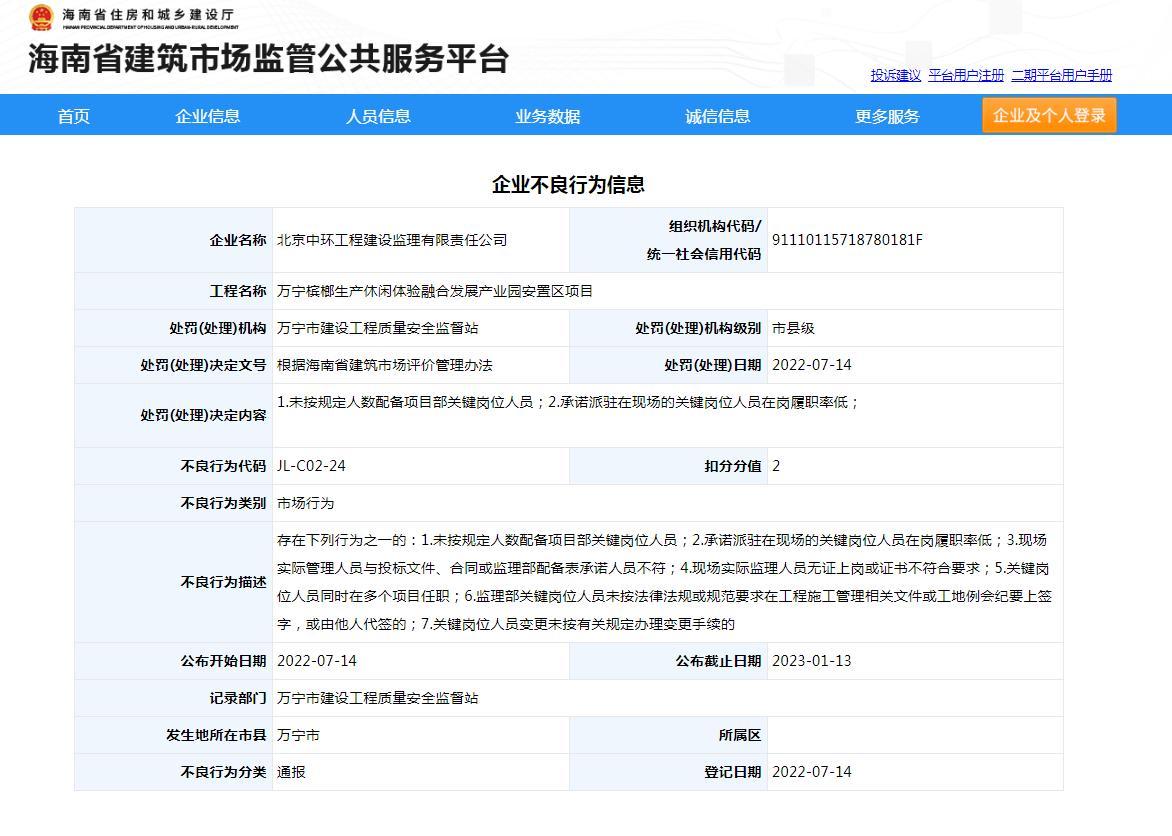 未按规定人数配备项目部关键岗位人员 北京中环工程建设监理有限责任公司被通报并扣2分