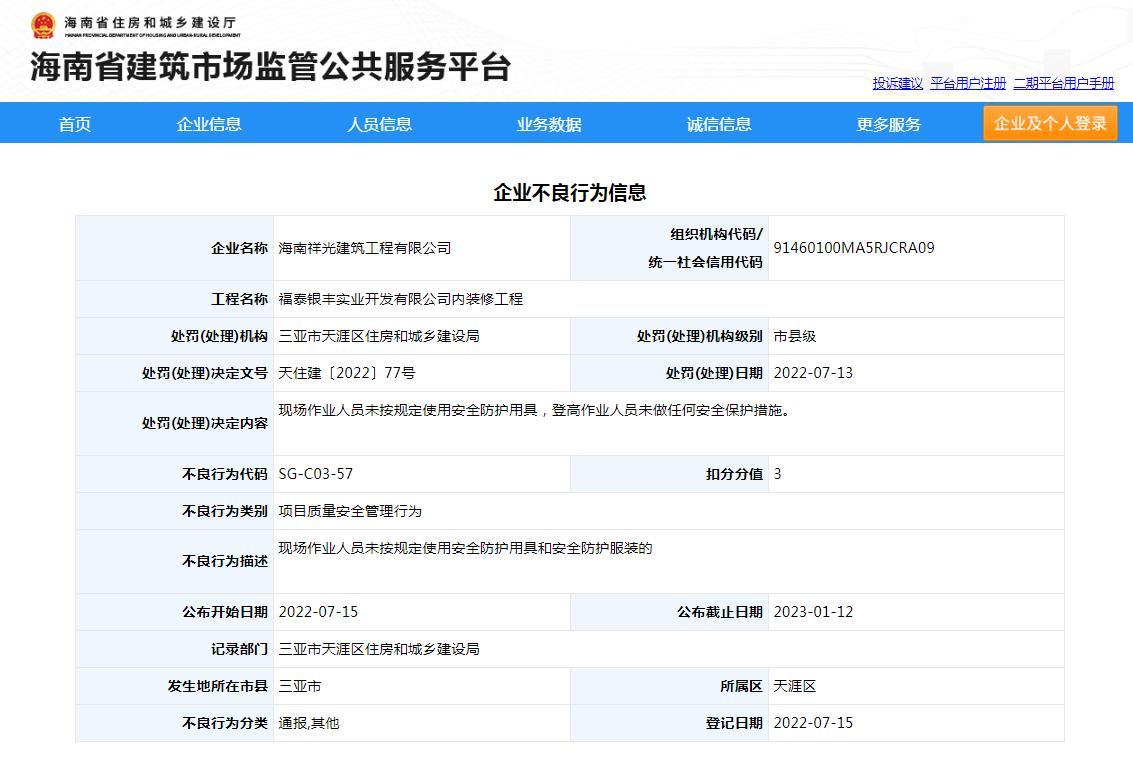 项目质量安全管理不规范 海南祥光建筑工程有限公司被扣3分