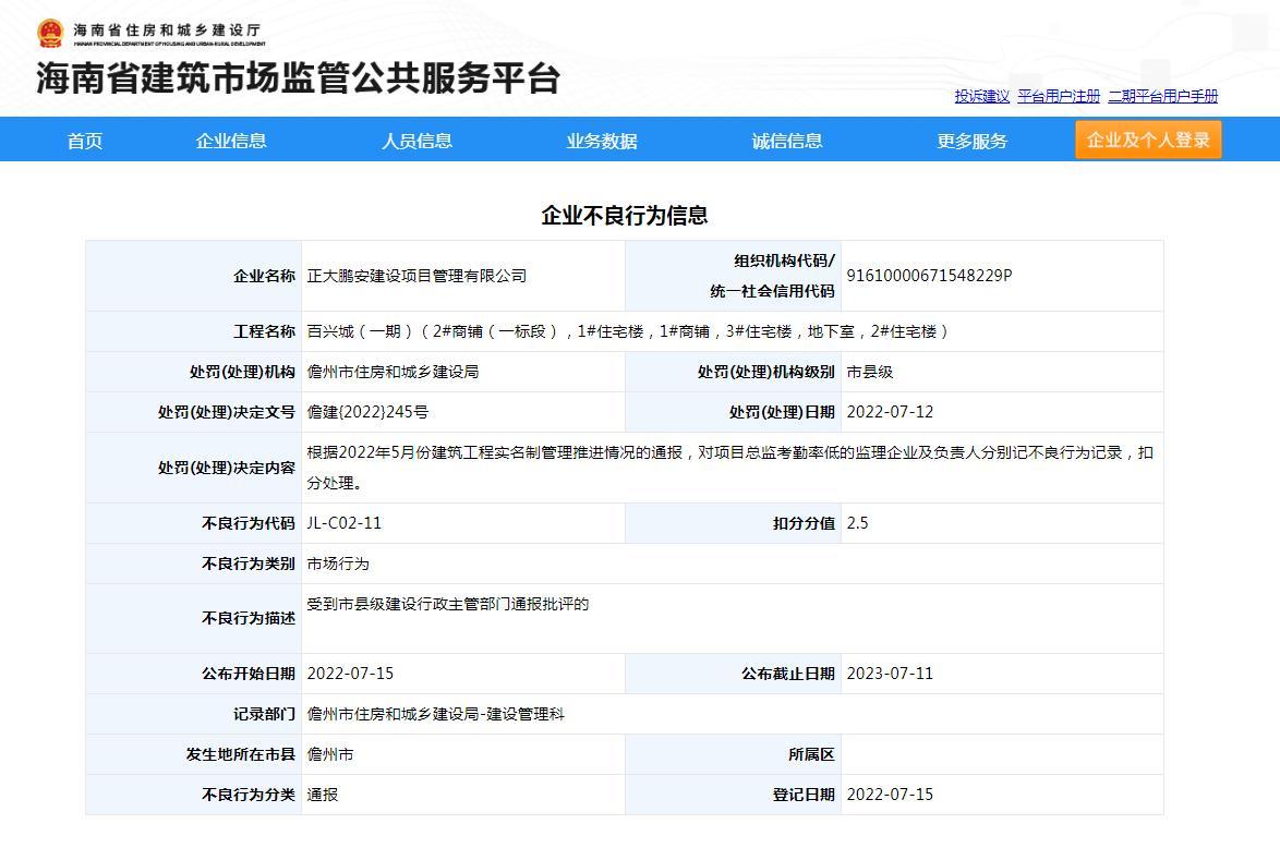 项目总监考勤率低 正大鹏安建设项目管理有限公司被扣2.5分