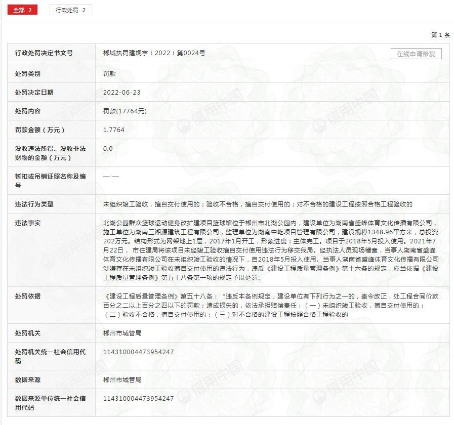 未组织竣工验收擅自交付使用 湖南省盛峰体育文化传播有限公司被处罚款17764元