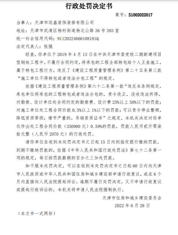 将承包的工程全部转包给个人施工 天津市远盛装饰装修有限公司被处罚款2070元