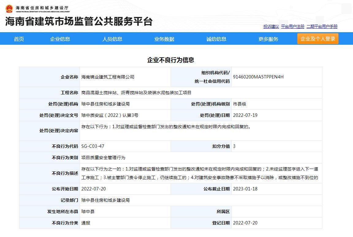 整改不及时 海南锦业建筑工程有限公司被通报并扣3分
