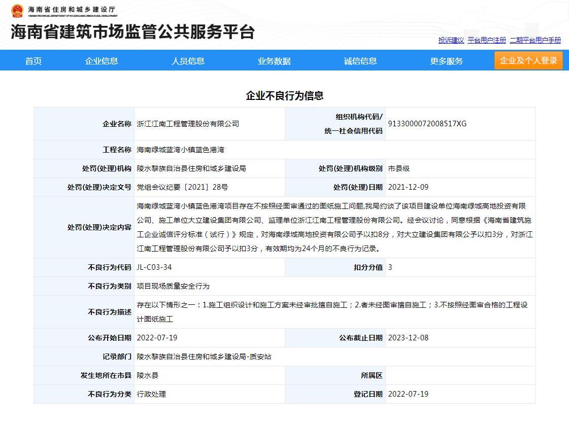 不按经图审通过的图纸施工 监理单位浙江江南工程管理股份有限公司被扣3分
