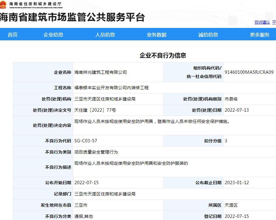 未按规定使用安全防护用具和安全防护服装 海南祥光建筑工程有限公司被扣3分