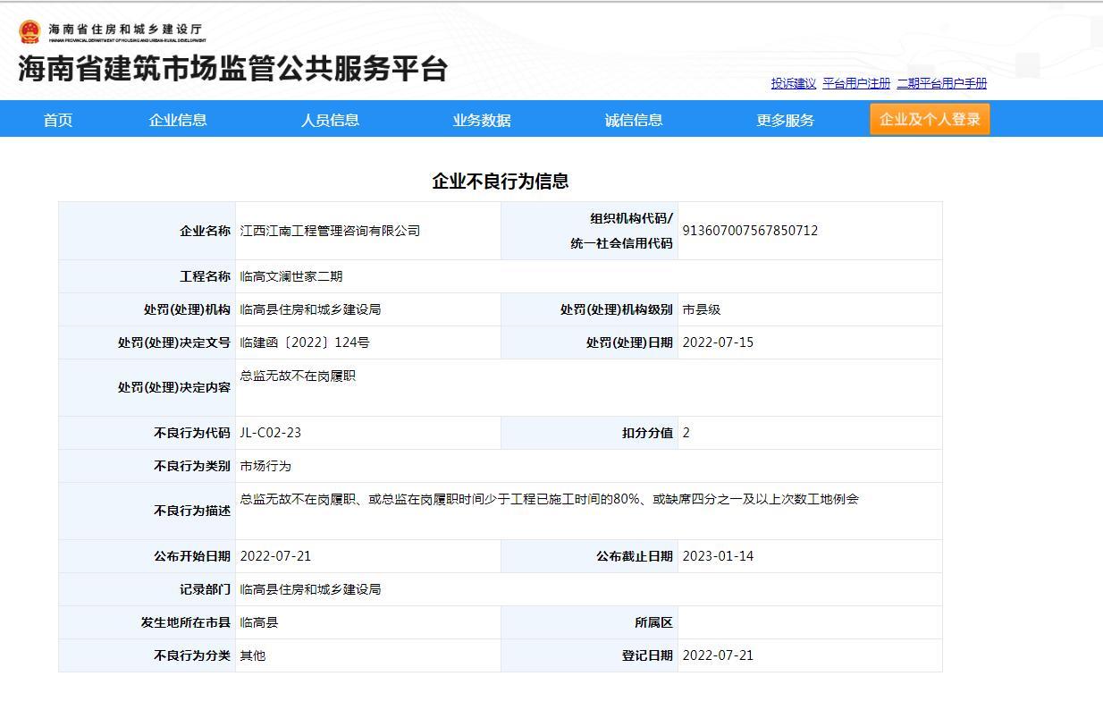总监无故不在岗履职 江西江南工程管理咨询有限公司被扣2分