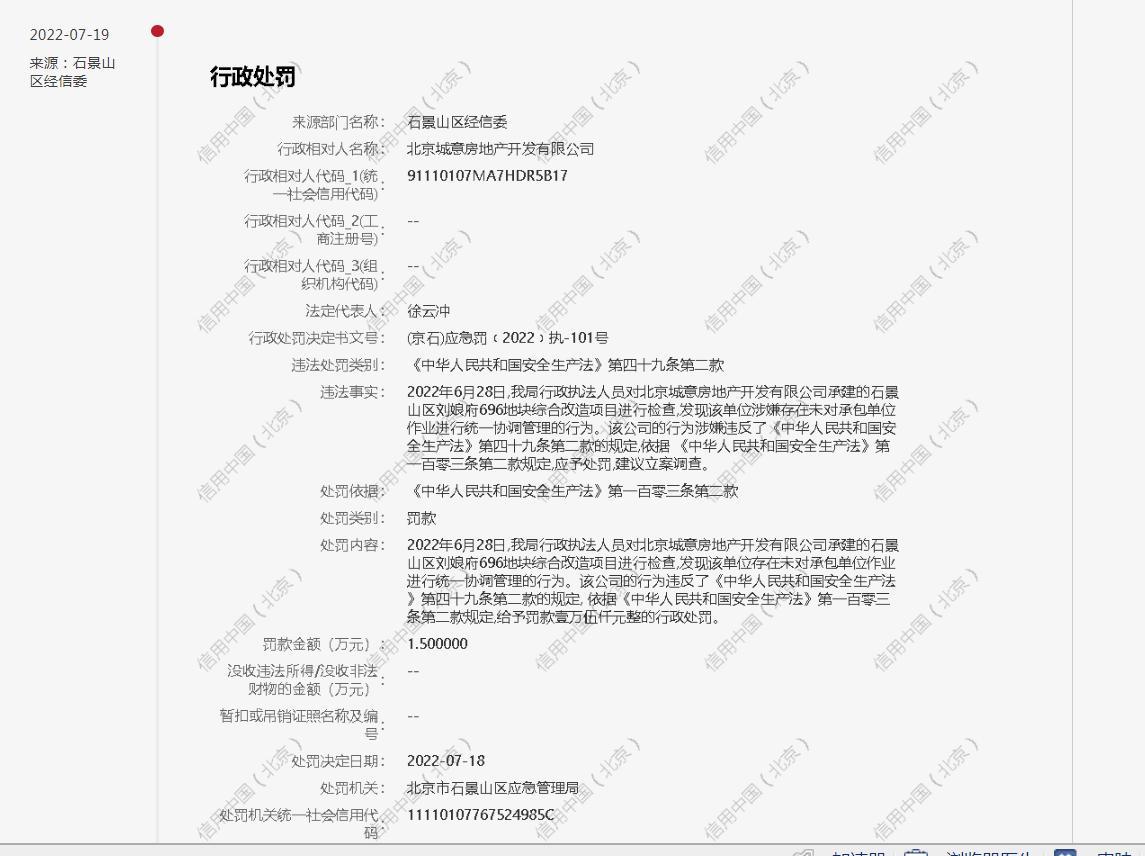 未对承包单位作业进行统一协调管理 北京诚意房地产开发有限公司被罚1.5万元
