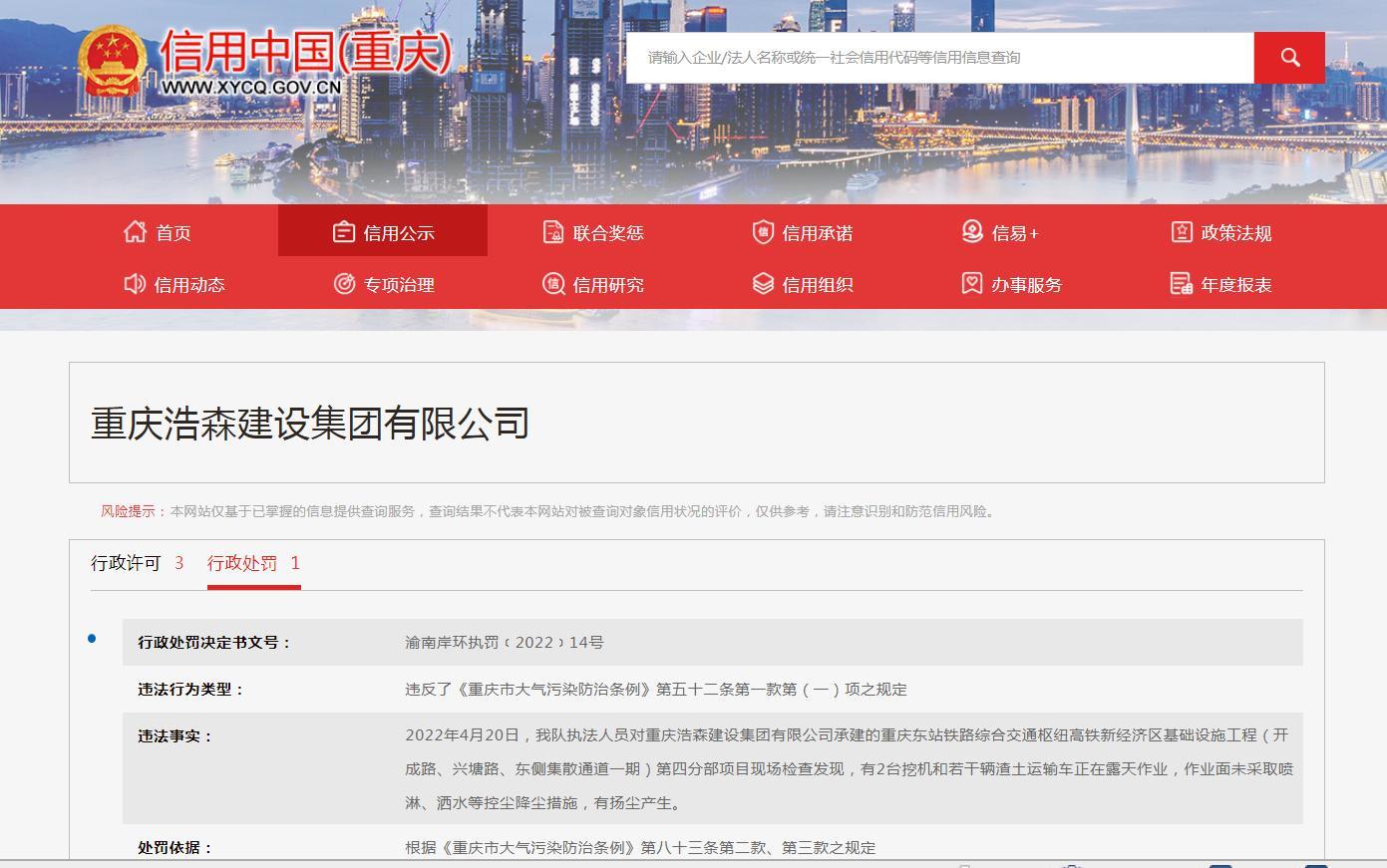 重庆浩森建设集团有限公司未采取控尘降尘措施被处罚款2万元