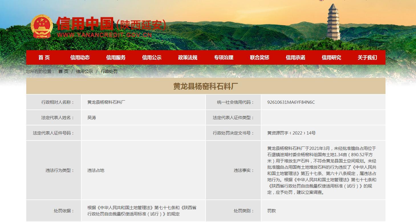 未经批准擅自占用国有土地 黄龙县杨窑科石料厂被罚