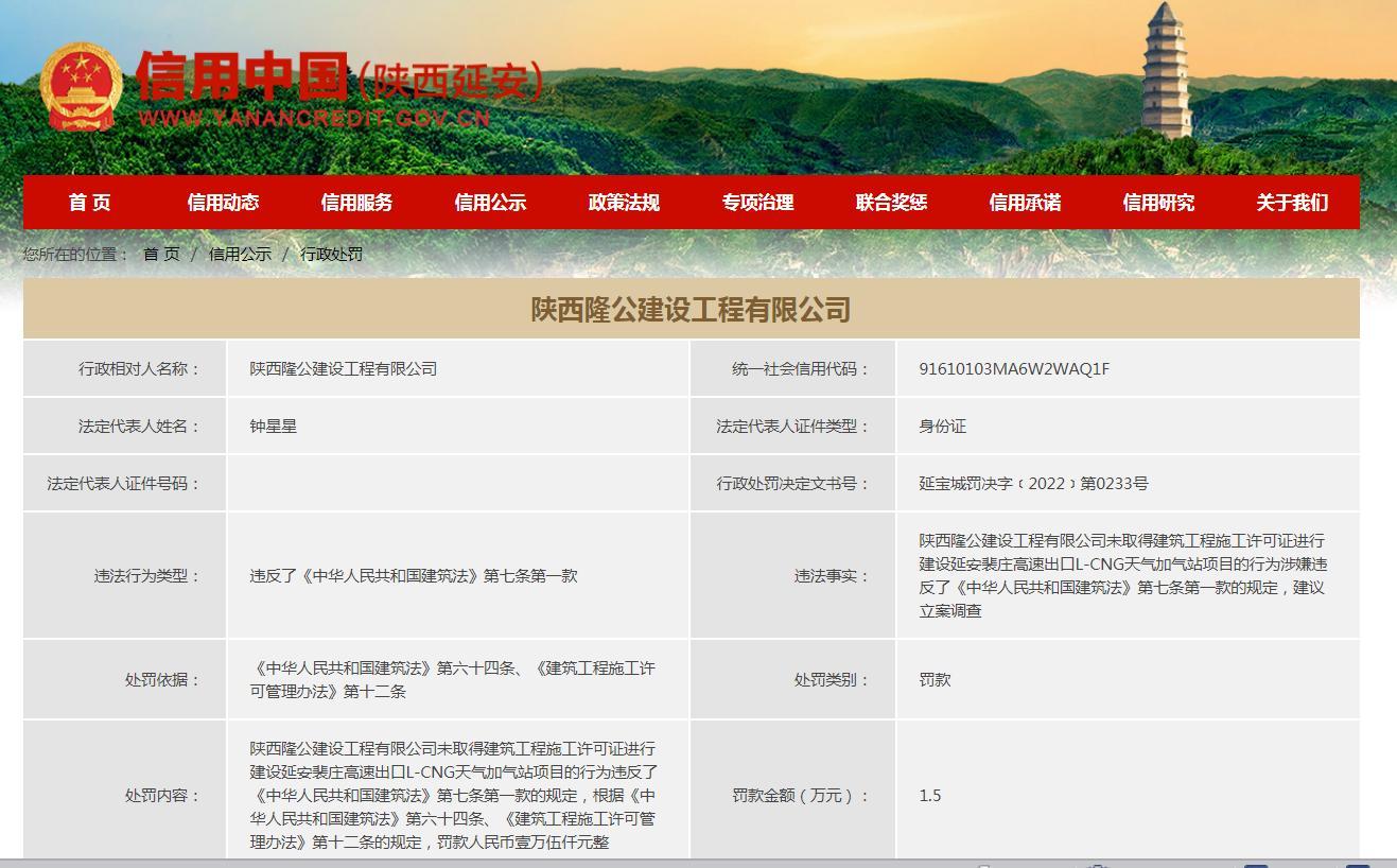 未取得建筑工程施工许可证进行建设 陕西隆公建设工程有限公司被罚1.5万元