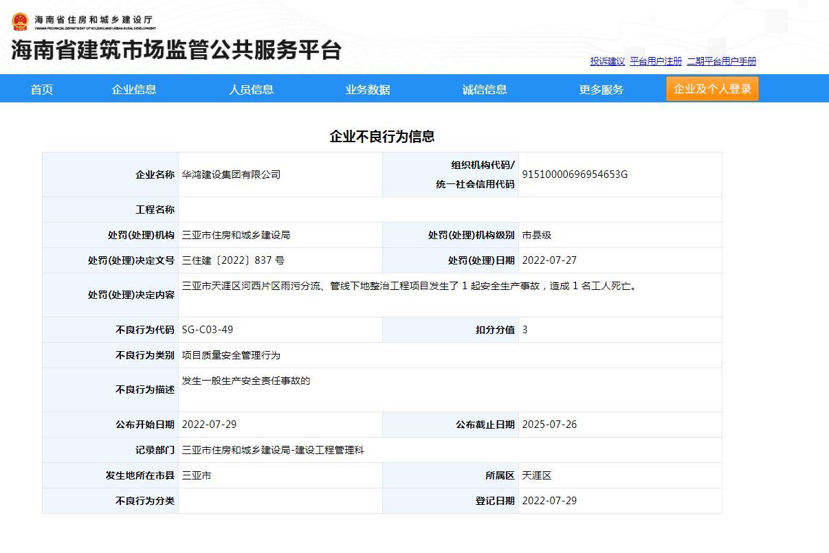 项目发生事故造成1人死亡 华鸿建设集团有限公司被扣3分