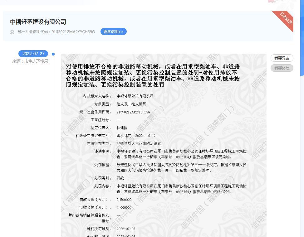 排放黑烟等可视污染物 中福轩丞建设有限公司被罚5000元