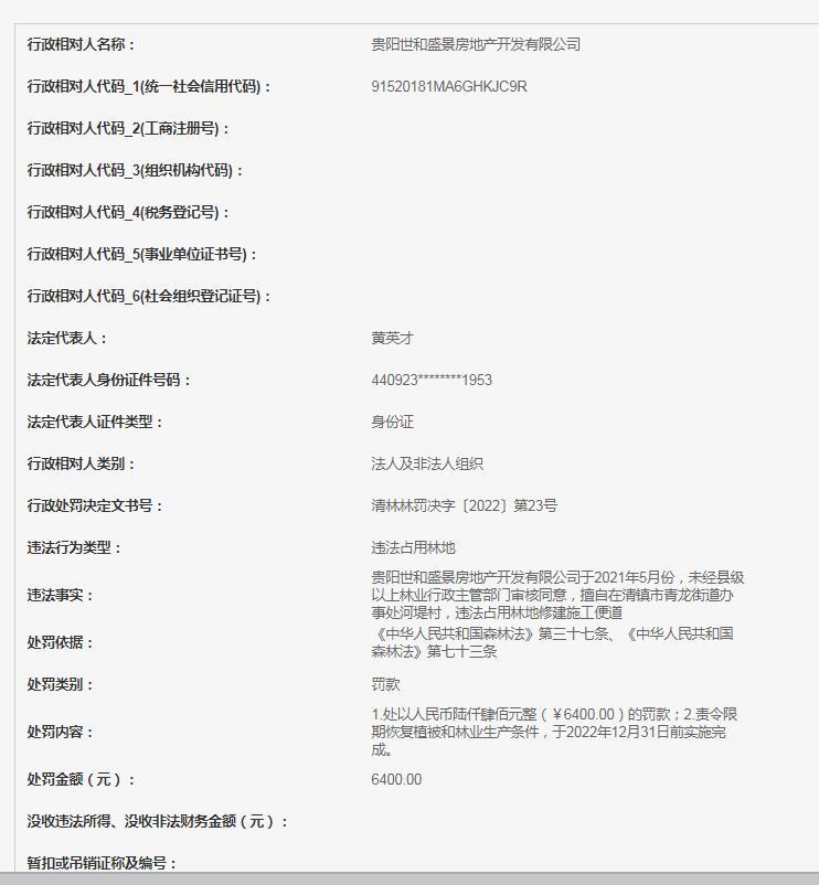 违法占用林地 贵阳世和盛景房地产开发有限公司被罚