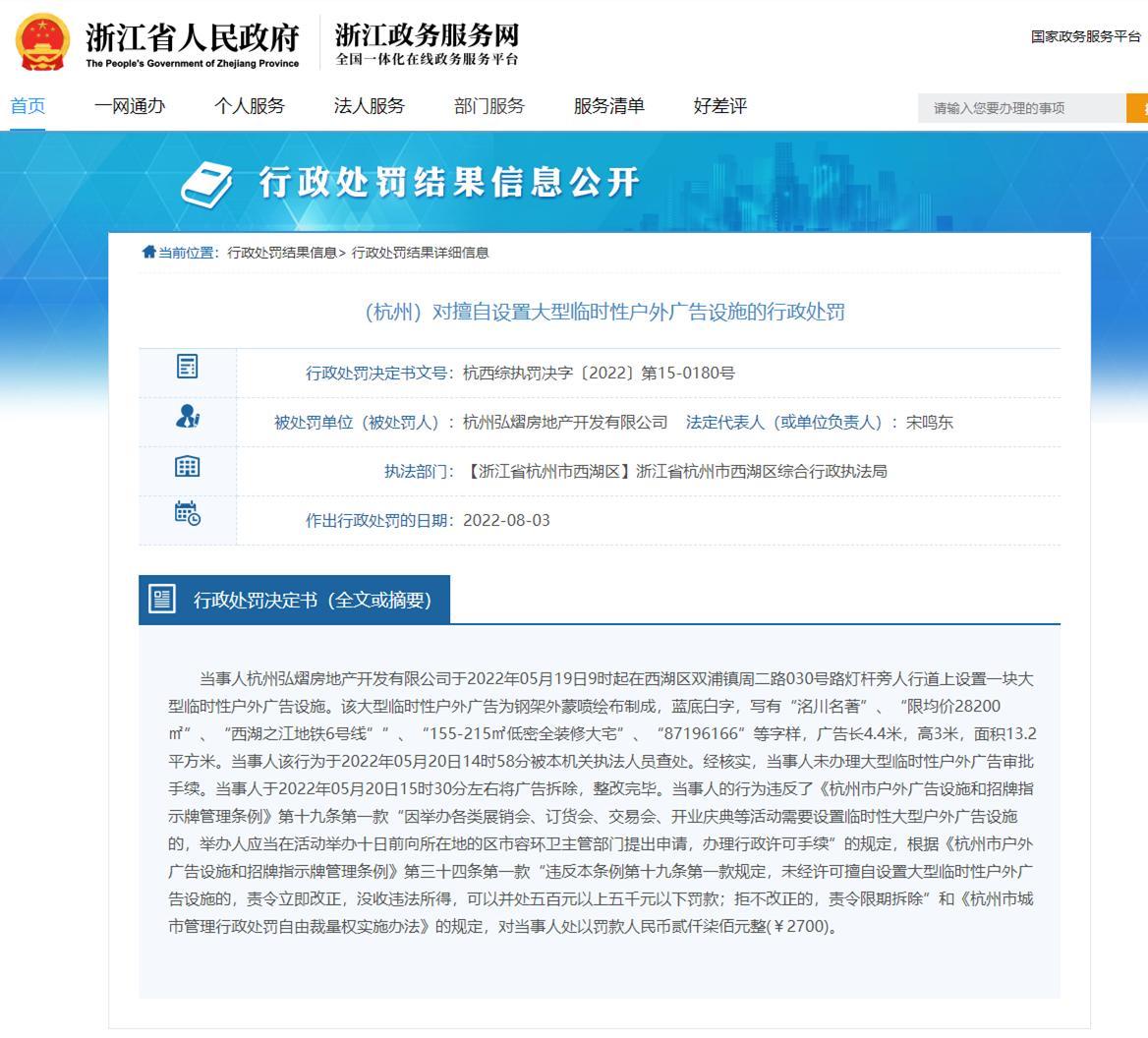 杭州弘熠房地产开发有限公司因擅自设置大型临时性户外广告设施被罚