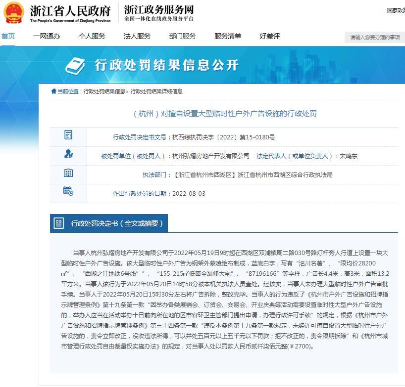 擅自设置大型临时性户外广告设施 杭州弘熠房地产开发有限公司被罚