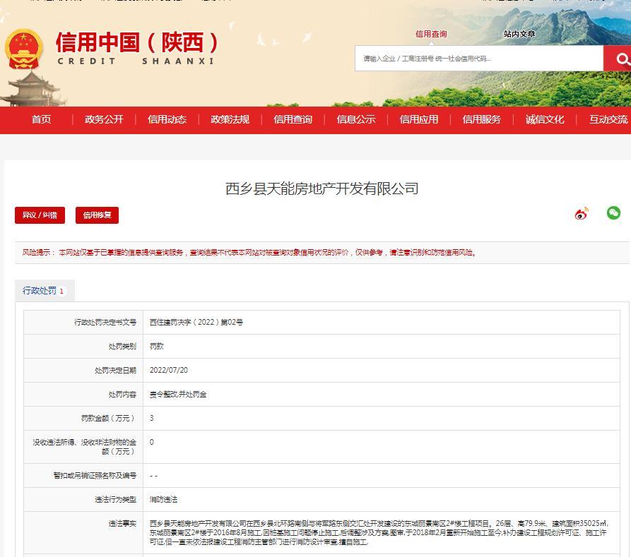 未进行消防设计审查擅自施工 西乡县天能房地产开发有限公司被罚3万元