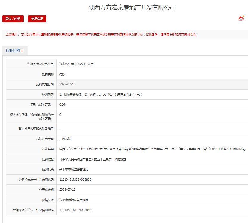 商品房宣传销售时虚假宣传 陕西万方宏泰房地产开发有限公司被罚