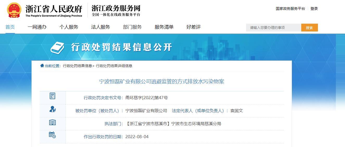 宁波恒磊矿业有限公司因逃避监管的方式排放水污染物被罚18万