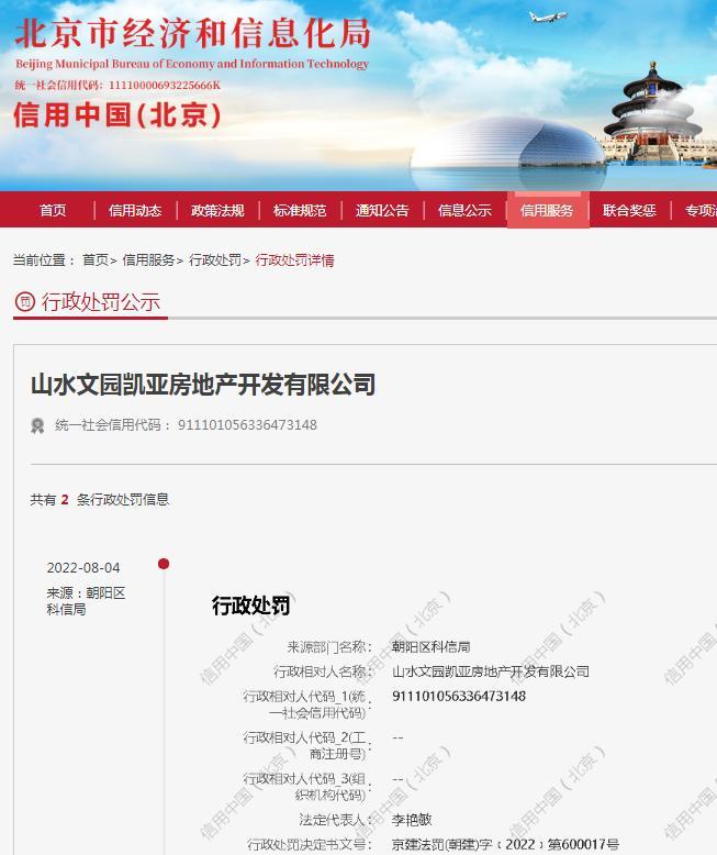 山水文园凯亚房地产开发有限公司因违规收取预订款性质费用被罚3万元
