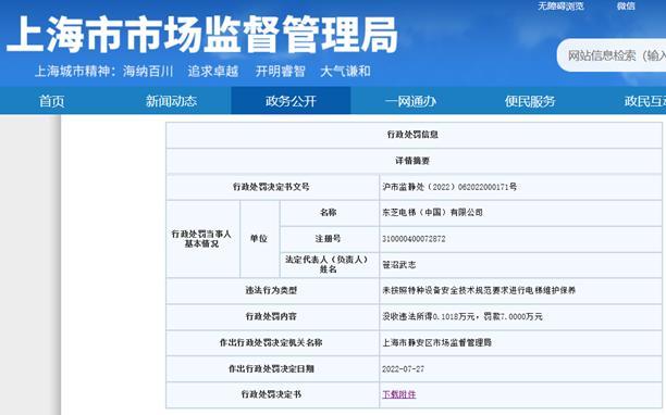 东芝电梯遭罚没7万余元 未按技术规范要求进行电梯维护保养