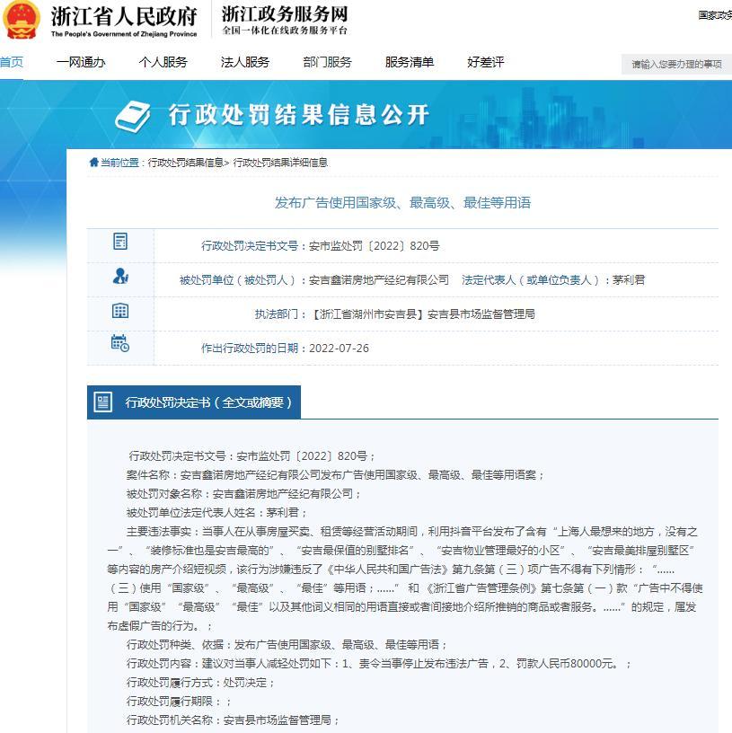 发布虚假广告 安吉鑫诺房地产经纪有限公司被罚8万元