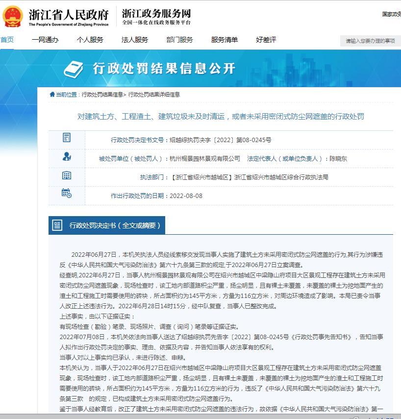 建筑土方未采用密闭式防尘网遮盖 杭州桐景园林景观有限公司被罚3万元