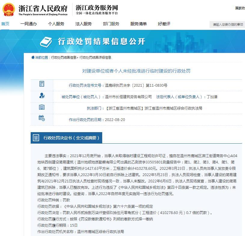 未经批准进行临时建设 温州市长恒建筑劳务有限公司被罚