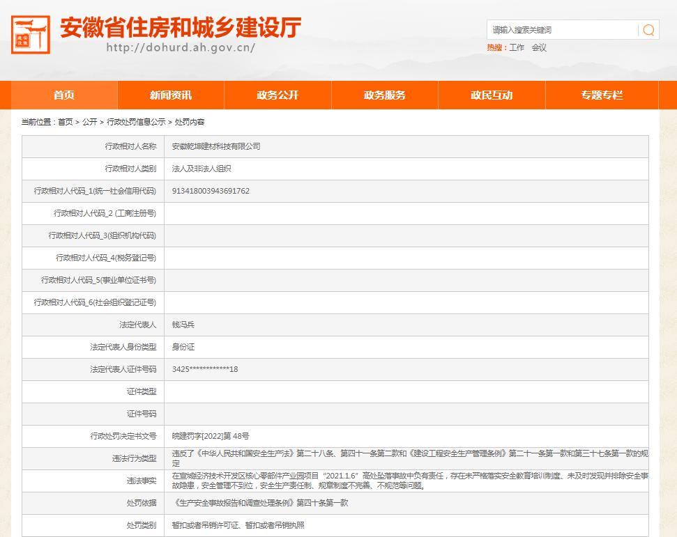 项目发生高处坠落事故 安徽乾坤建材科技有限公司被暂扣安全生产许可证30天