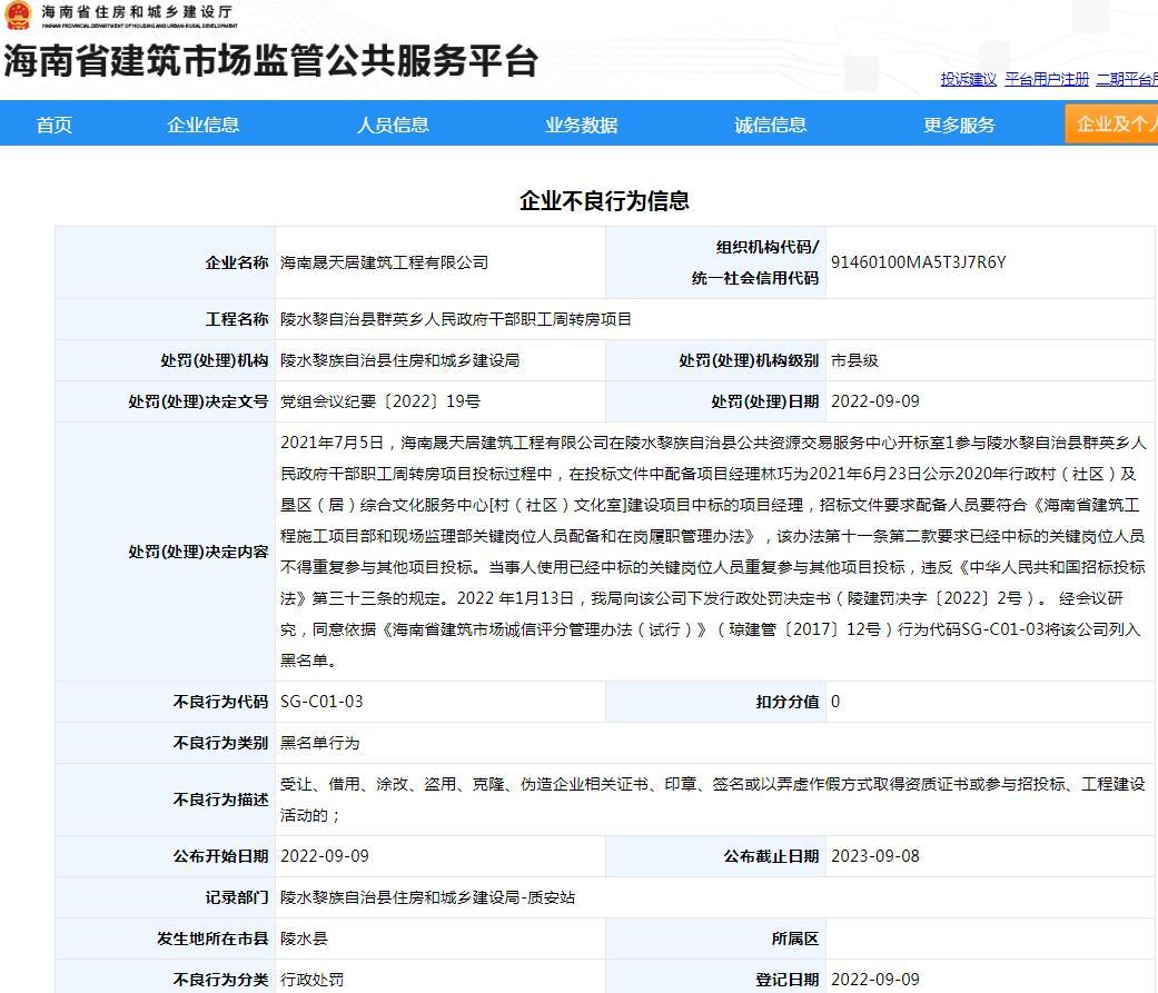 招投标违规 海南晟天居建筑工程有限公司被列入黑名单
