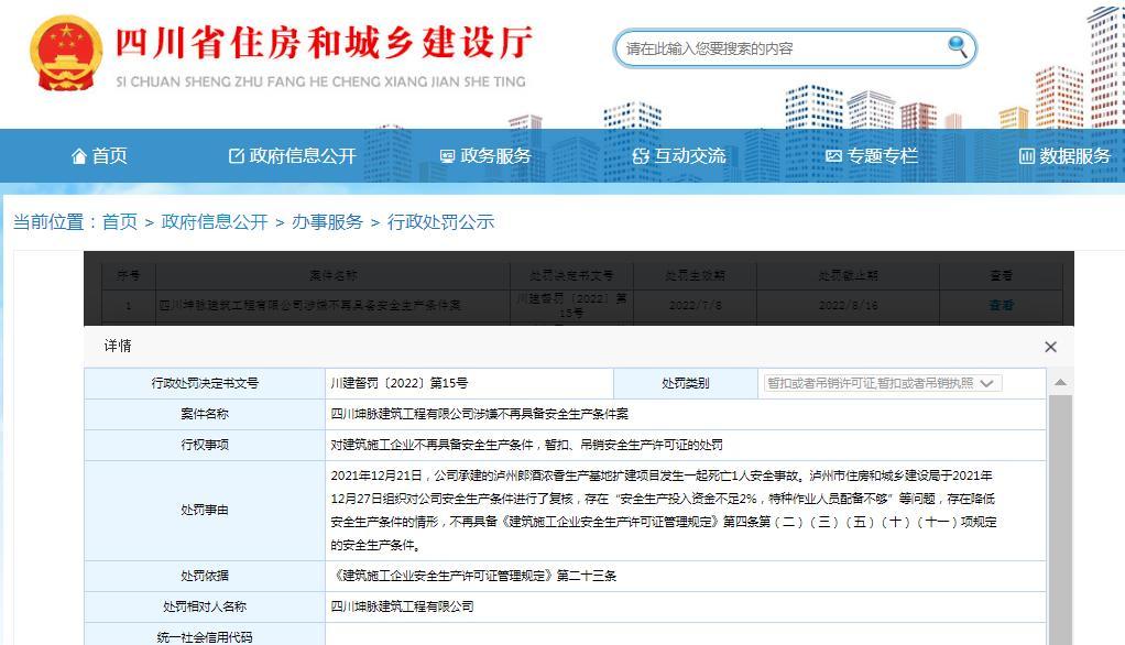 不再具备安全生产条件 四川坤脉建筑工程有限公司被暂扣生产安全许可证