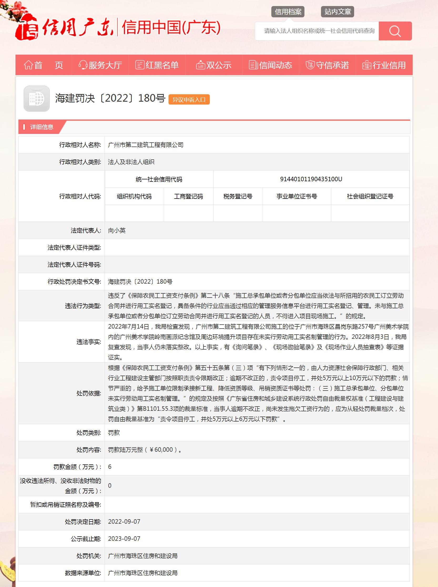 未实行劳动用工实名制管理 广州市第二建筑工程有限公司被罚6万元