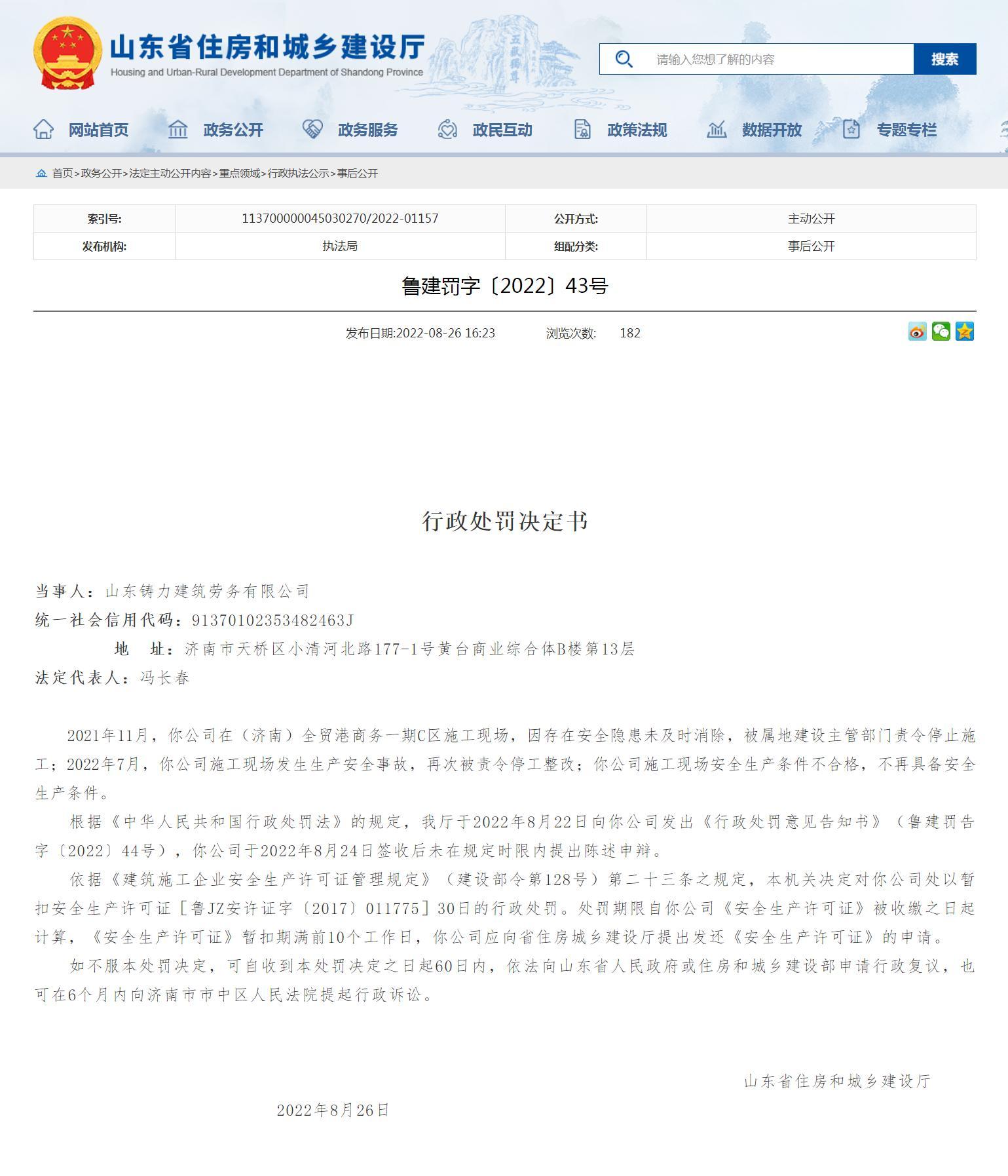 不再具备安全生产条件 山东铸力建筑劳务有限公司被暂扣安全生产许可证