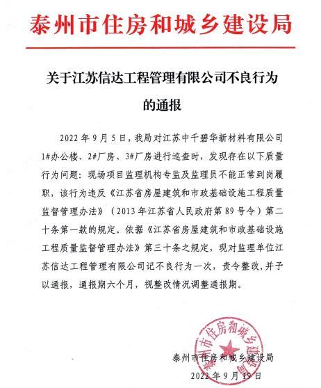 专监及监理员未正常到岗 江苏信达工程管理有限公司被通报