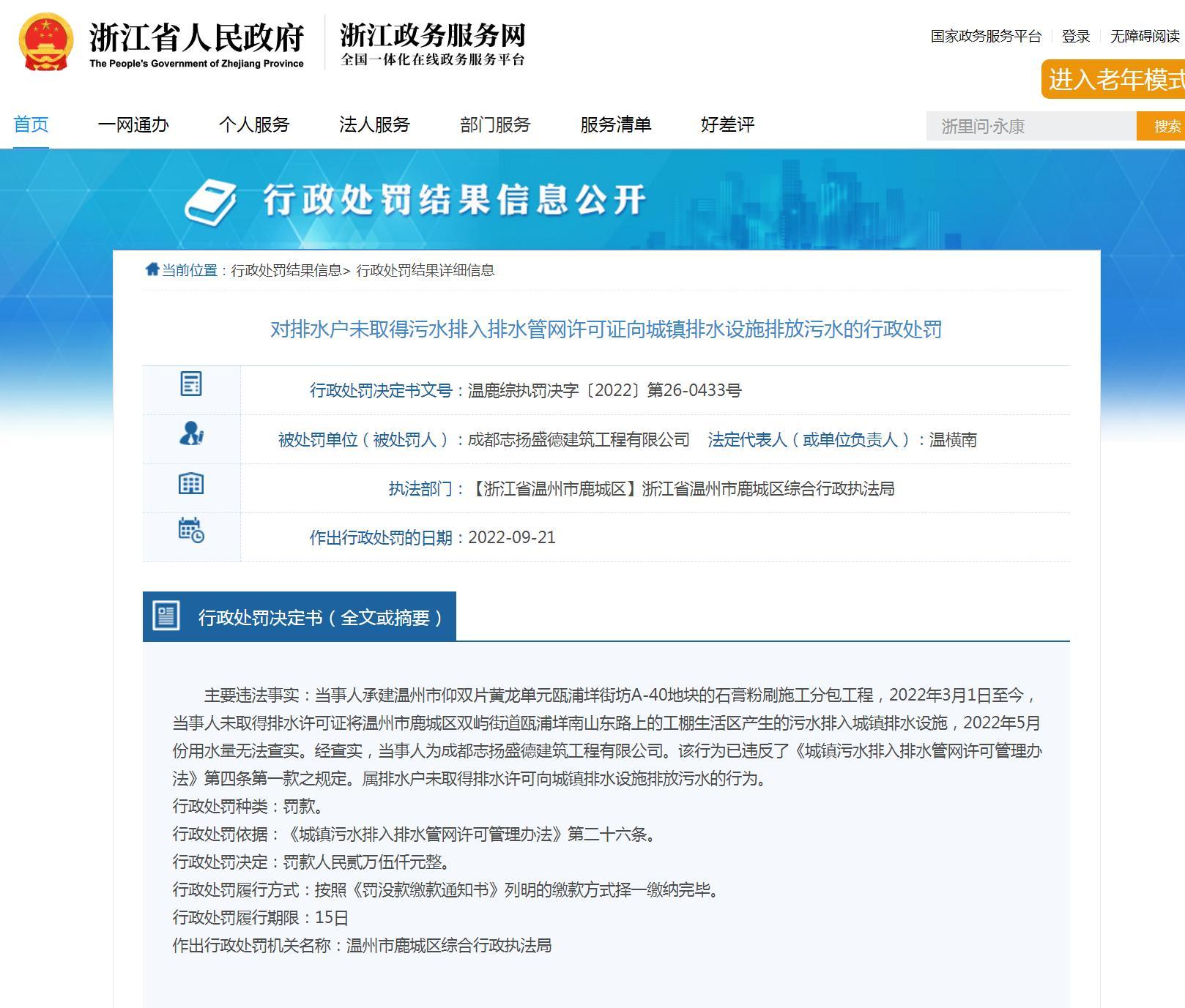 擅自向城镇排水设施排放污水 成都志扬盛德建筑工程有限公司被罚2.5万元