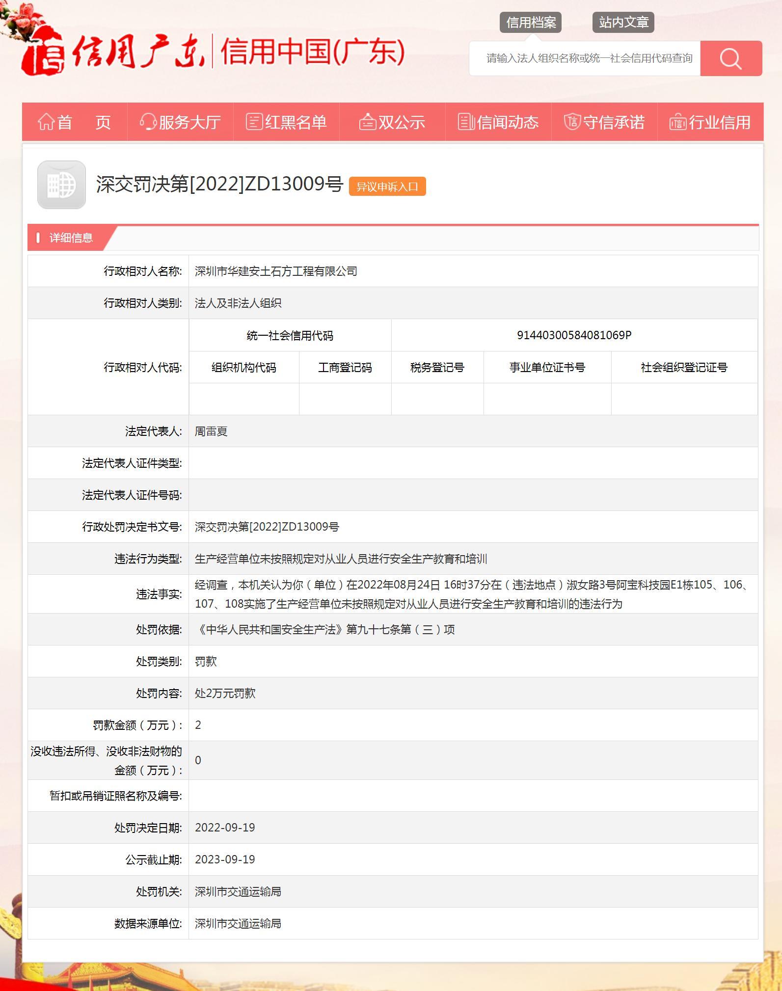 深圳市华建安土石方工程有限公司违法安全生产法被罚2万元