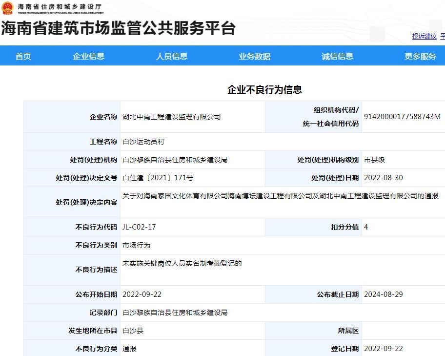 湖北中南工程建设监理有限公司未实施关键岗位人员实名制考勤登记被扣4分