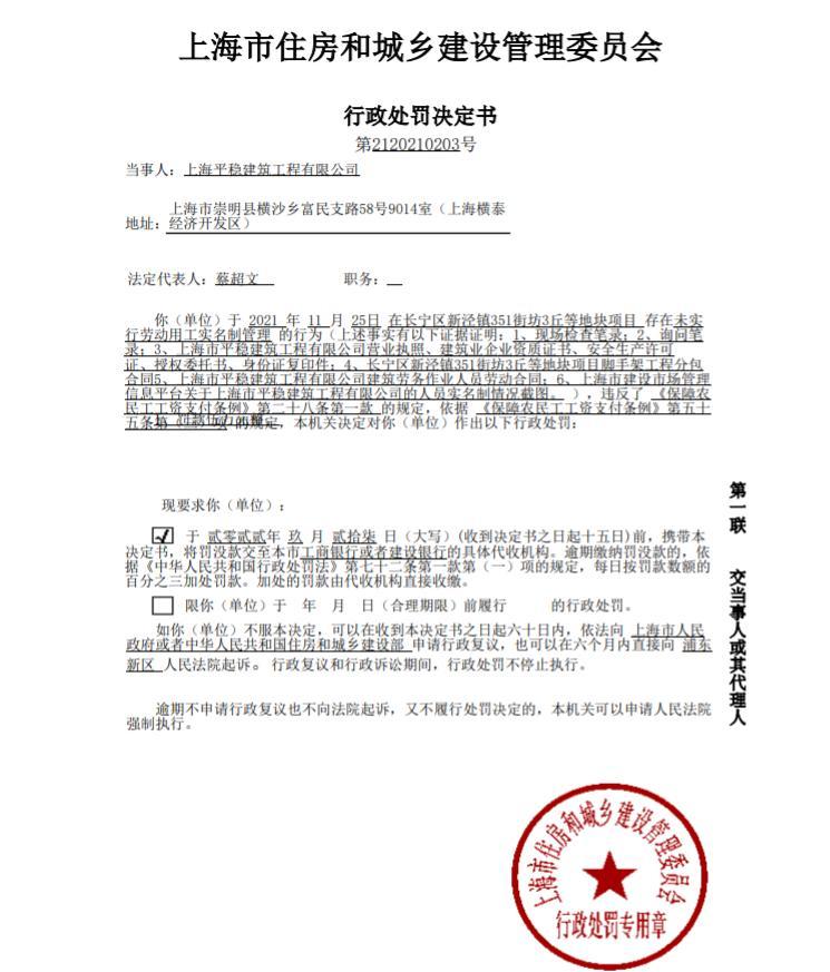 上海平稳建筑工程有限公司违反农民工工资支付条例被罚5万元