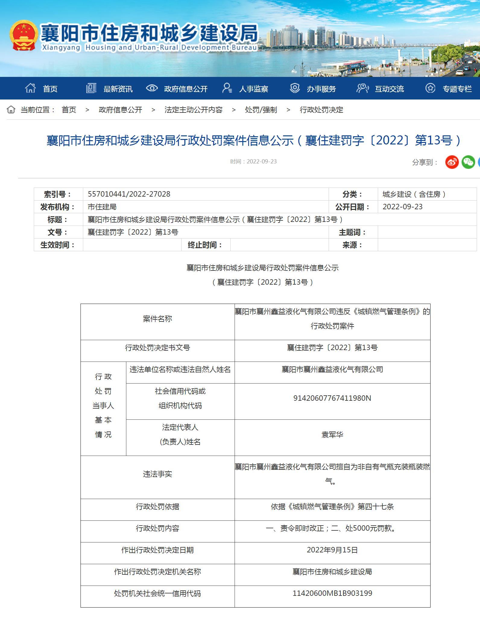 襄阳市襄州鑫益液化气有限公司擅自为非自有气瓶充装瓶装燃气被罚