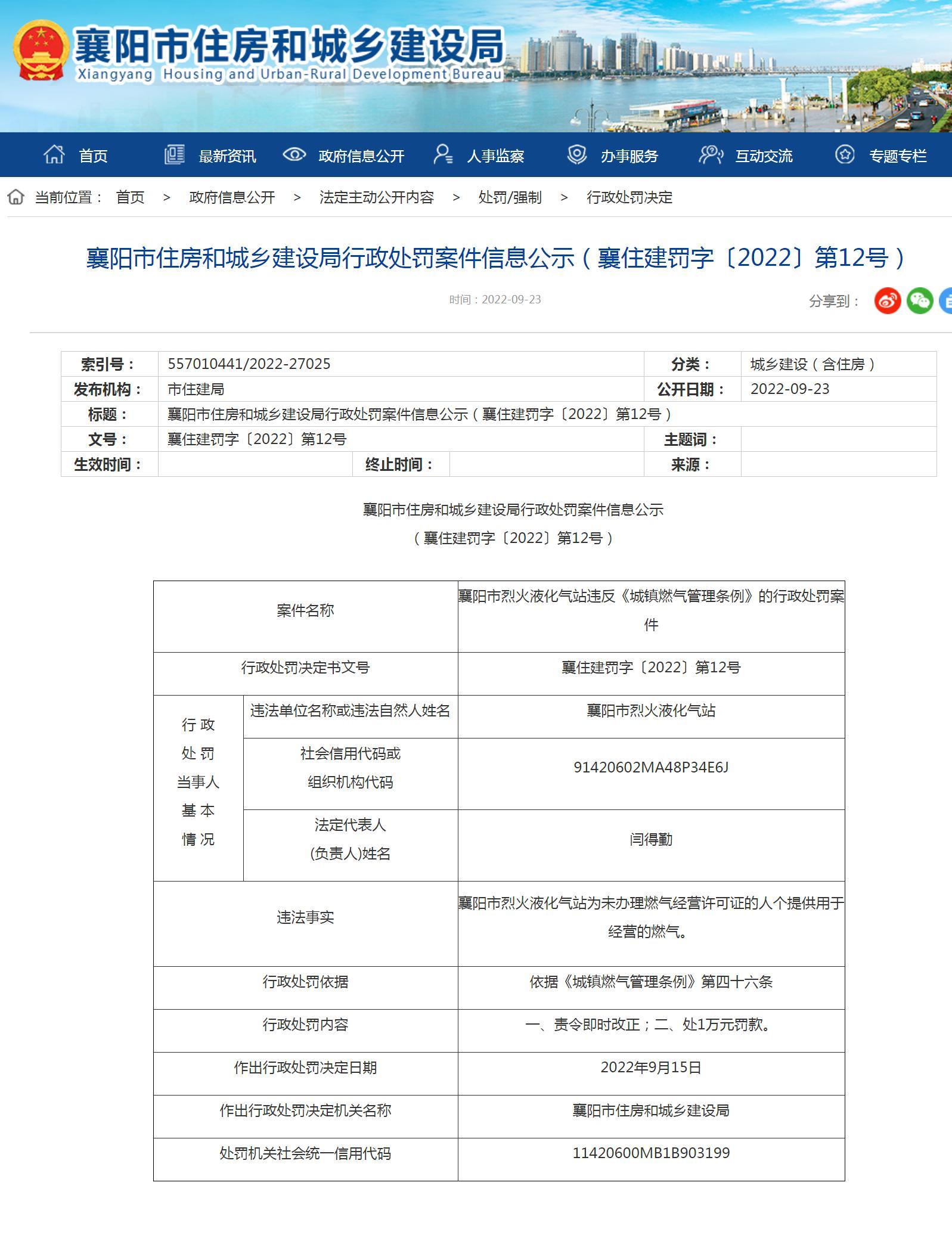 襄阳市烈火液化气站违规提供燃气被罚1万元