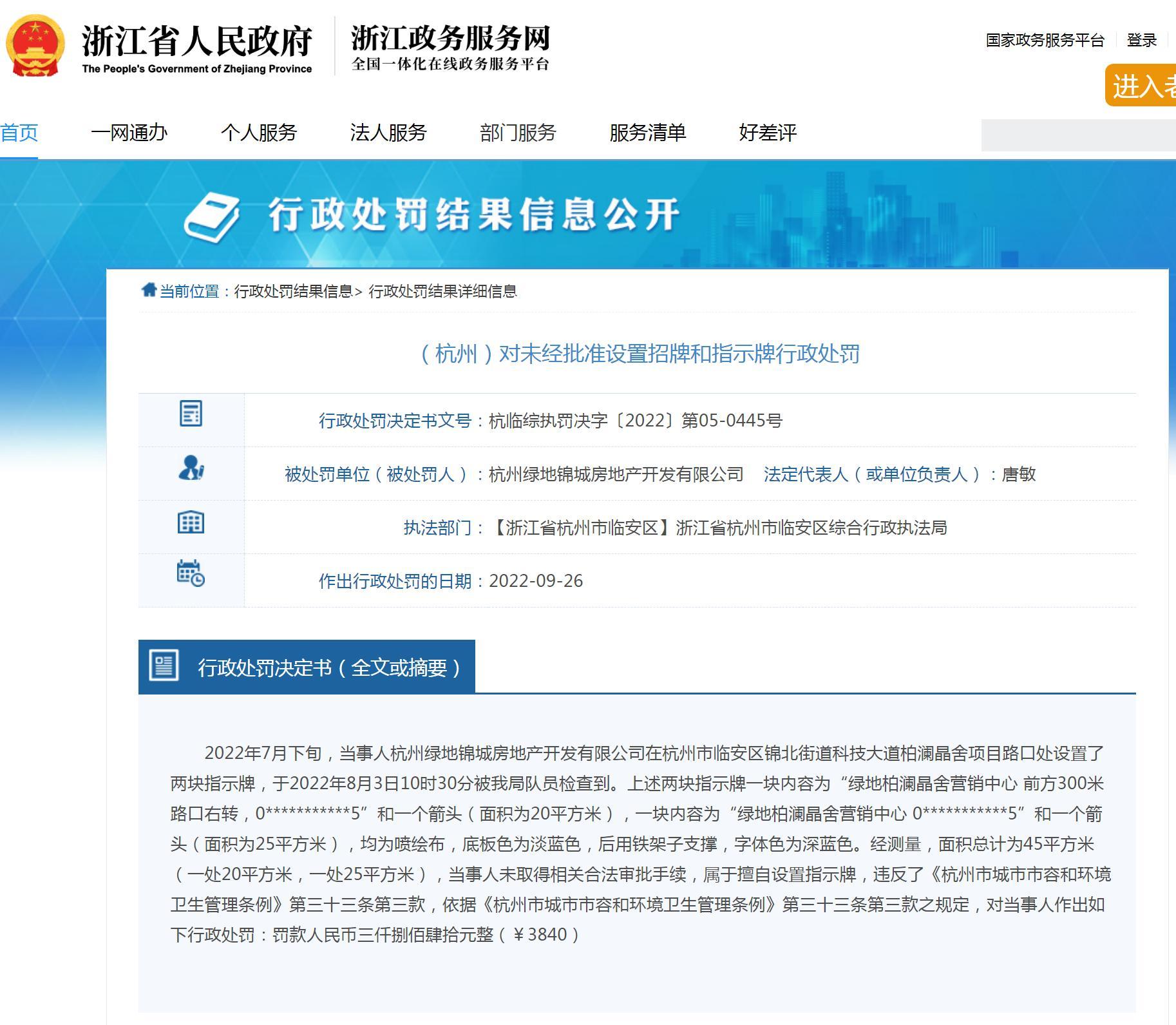 杭州绿地锦城房地产开发有限公司擅自设置指示牌被罚