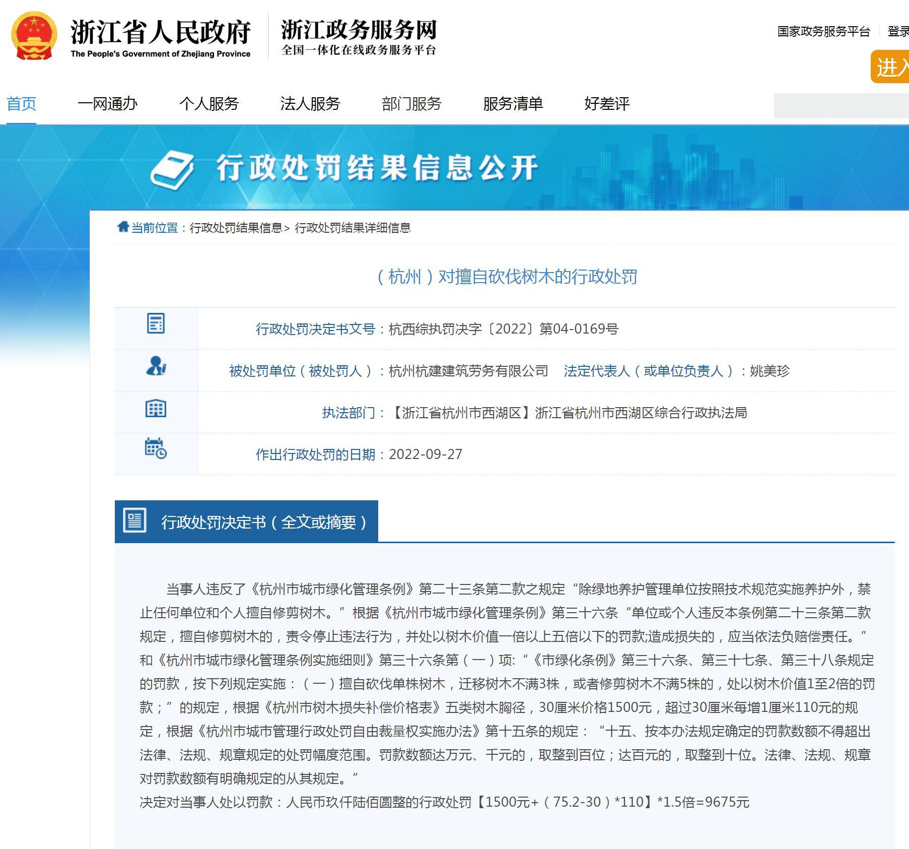 杭州杭建建筑劳务有限公司擅自砍伐树木被罚