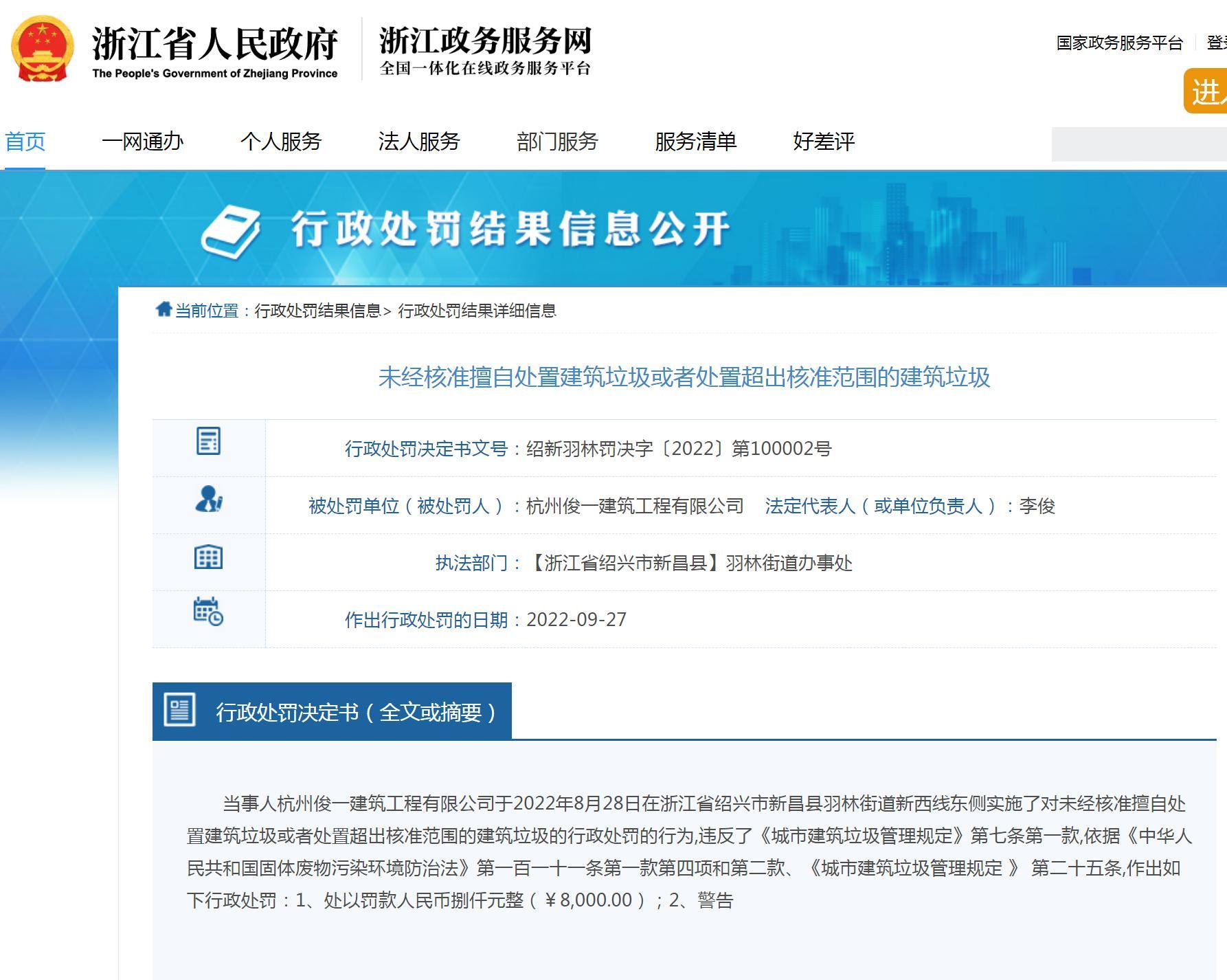 杭州俊一建筑工程有限公司违规处置建筑垃圾被罚8千元