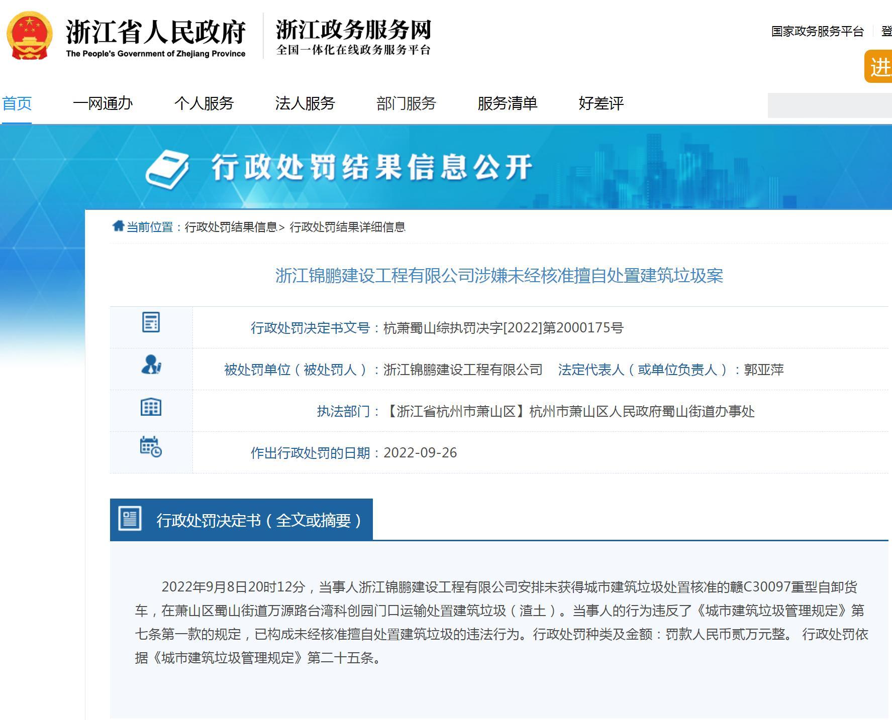 浙江锦鹏建设工程有限公司未经核准擅自处置建筑垃圾被罚2万元
