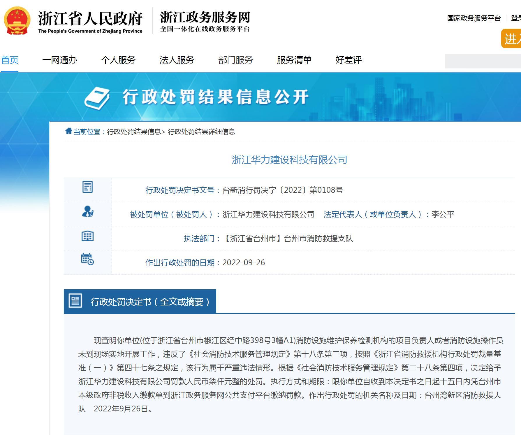浙江华力建设科技有限公司违反消防管理规定被罚7千元