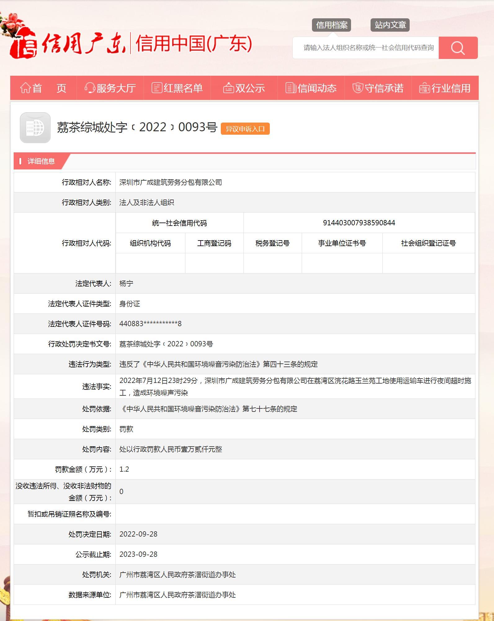 深圳市广成建筑劳务分包有限公司夜间超时施工造成环境噪声污染被罚1.2万元