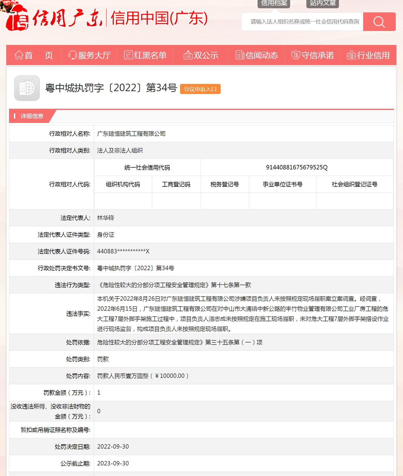 项目负责人未按照规定现场履职 广东建恒建筑工程有限公司被罚