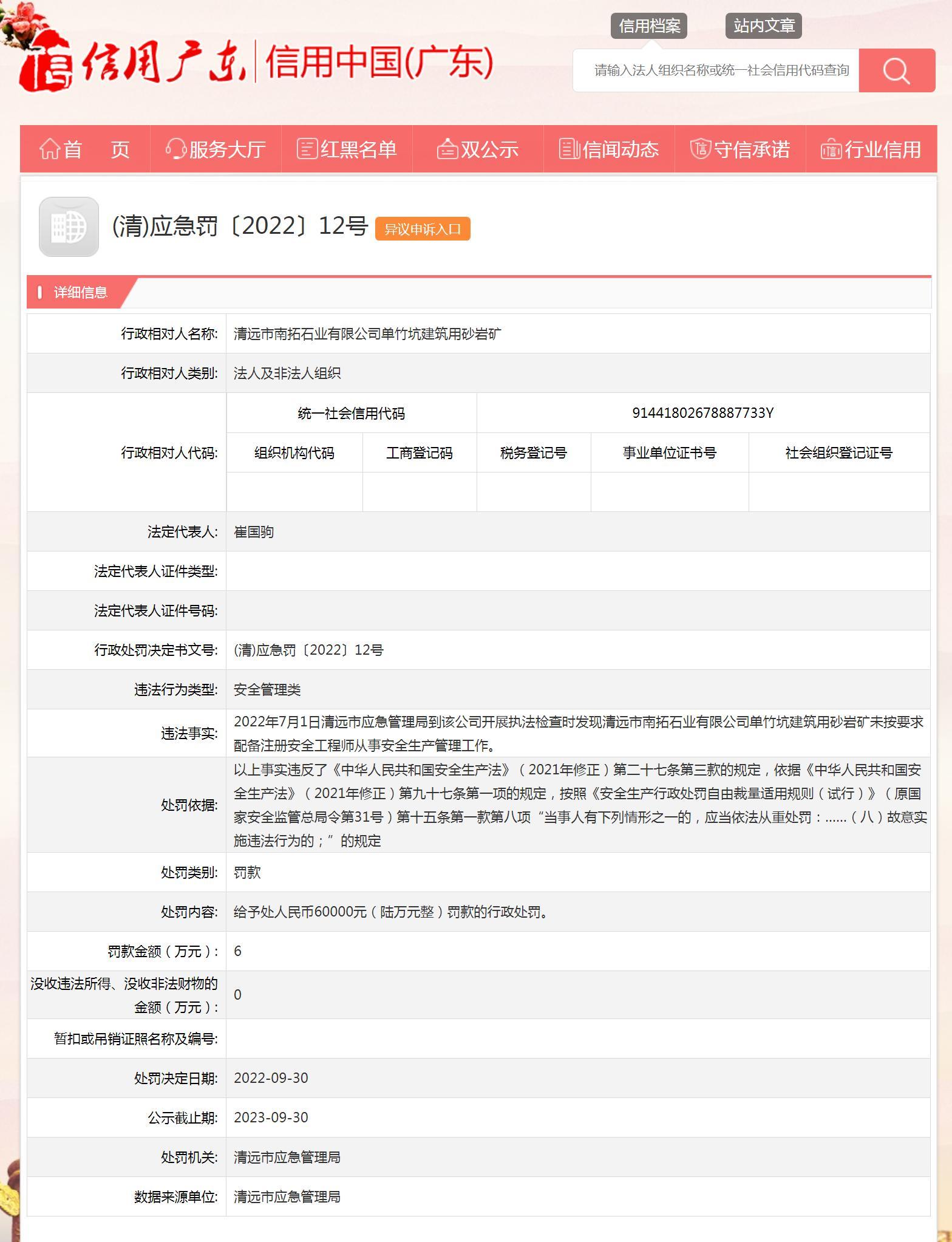 未按要求配备注册安全工程师 清远市南拓石业有限公司单竹坑建筑用砂岩矿被罚6万元